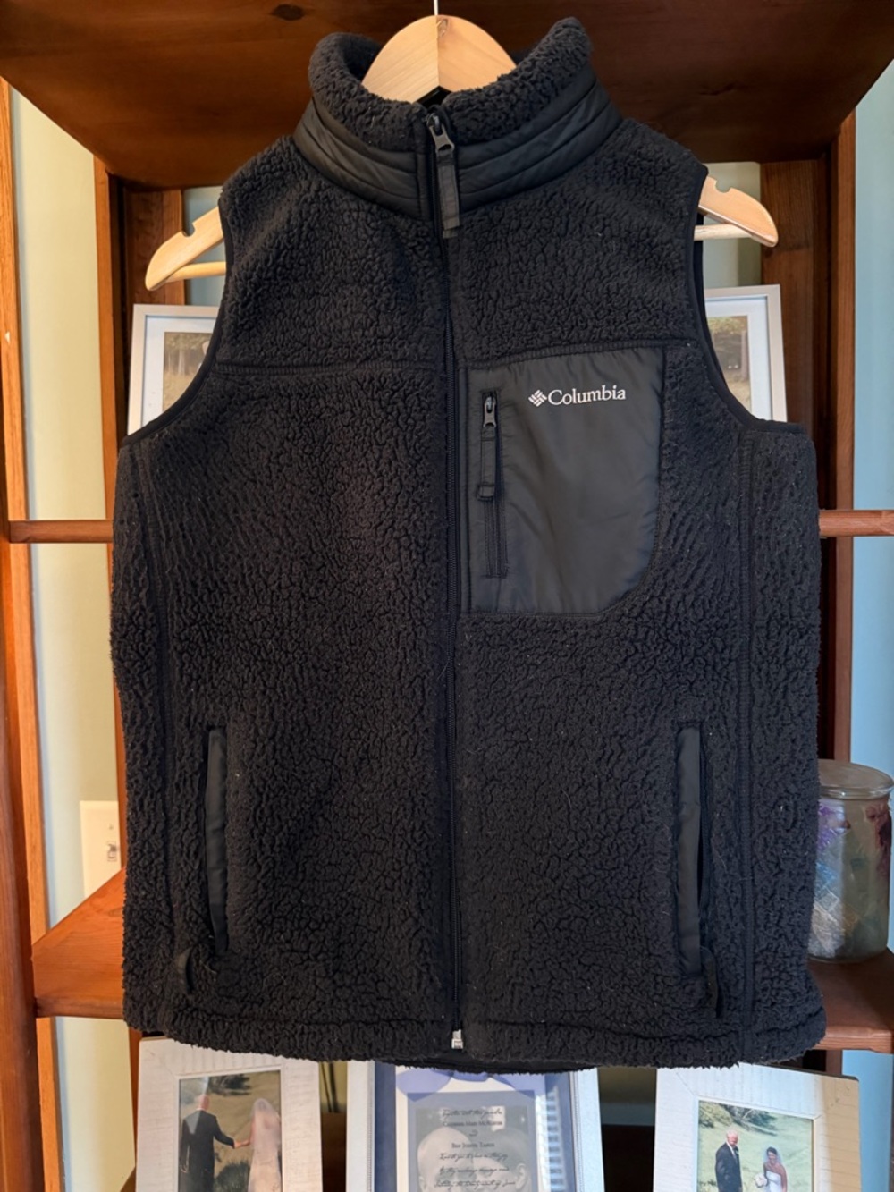 Columbia Black Sherpa Vest with Blue Trim